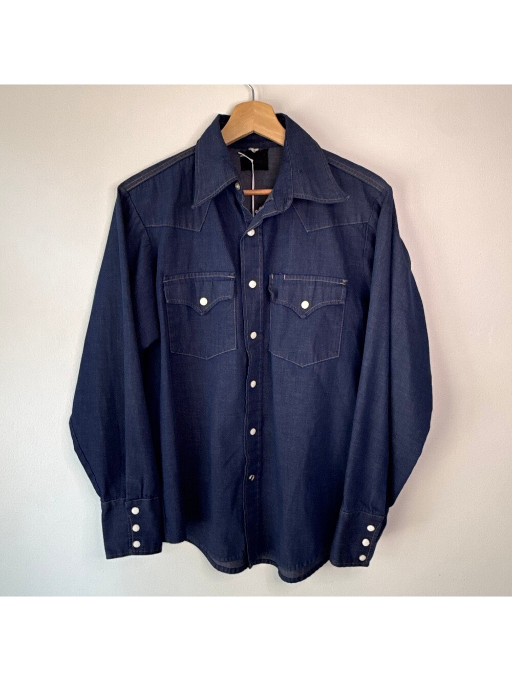 VTG 70s Sears Western Blue Denim Lightweight Pearl Snap Long Sleeve Shirt Med